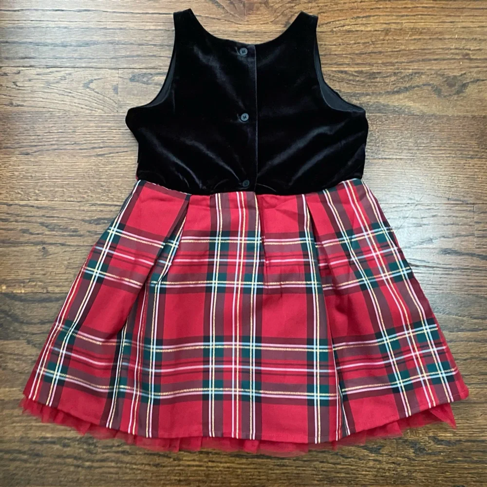 Children’s Place- toddler girl 4T Black Velvet Top Red Plaid Bow Skirt holiday